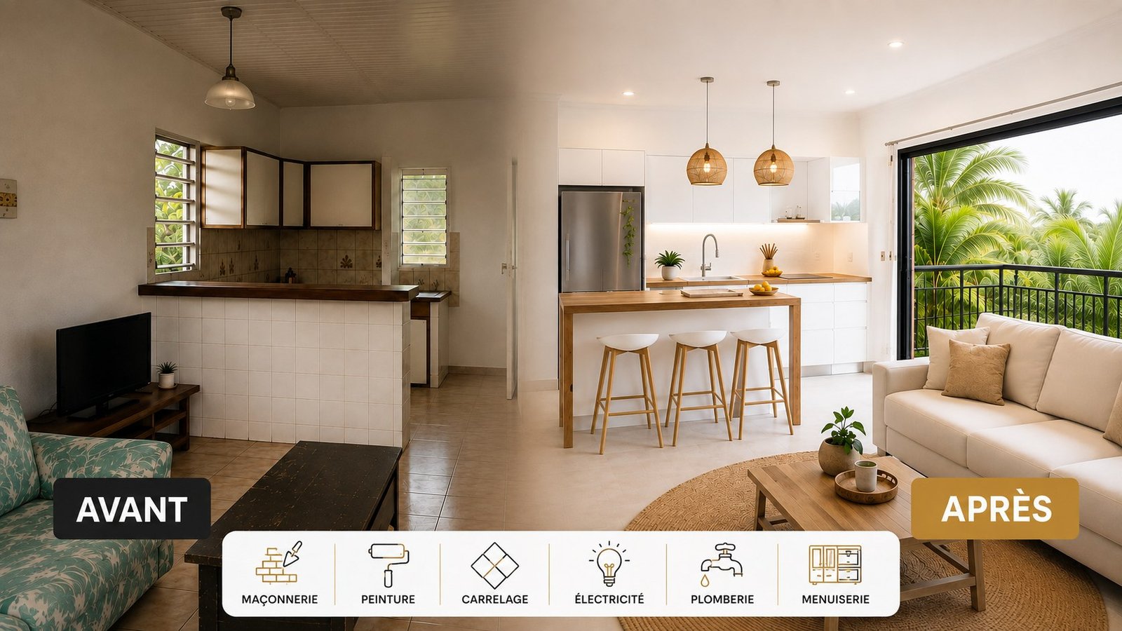 Rénovation intérieure REVO TRAVAUX en Martinique — avant après